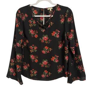 Lily White Woman's L Whimsigoth Floral Strappy Neck 3/4 Wide Sleeve Blouse L
